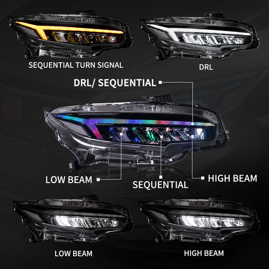 (US ONLY) OLM RGB Full LED Headlights Assembly For 10th Gen Honda Civic 2016-2021