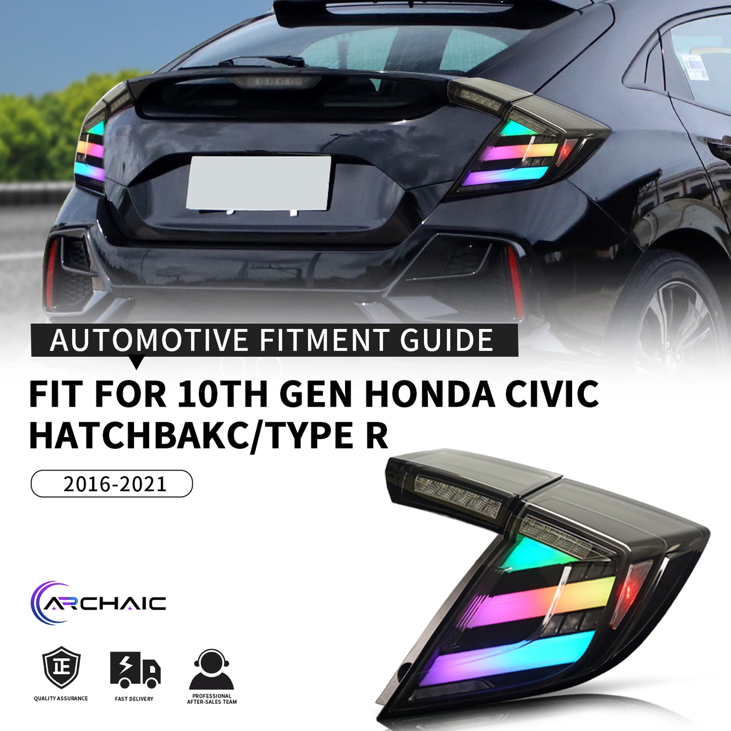 Full LED Tail Lights Assembly For 10th Gen Honda Civic Type R Hatchback 2016-2021,RGB