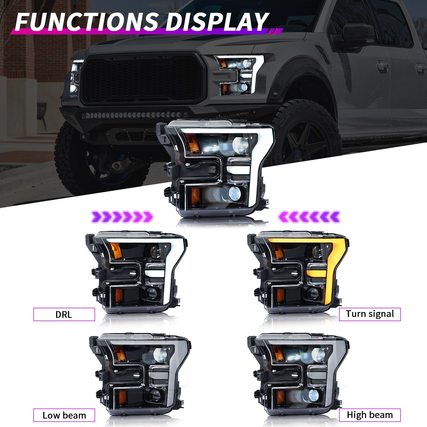 Full LED Headlights Assembly For Ford F-150 Raptor 2015-2020, F DRL Style