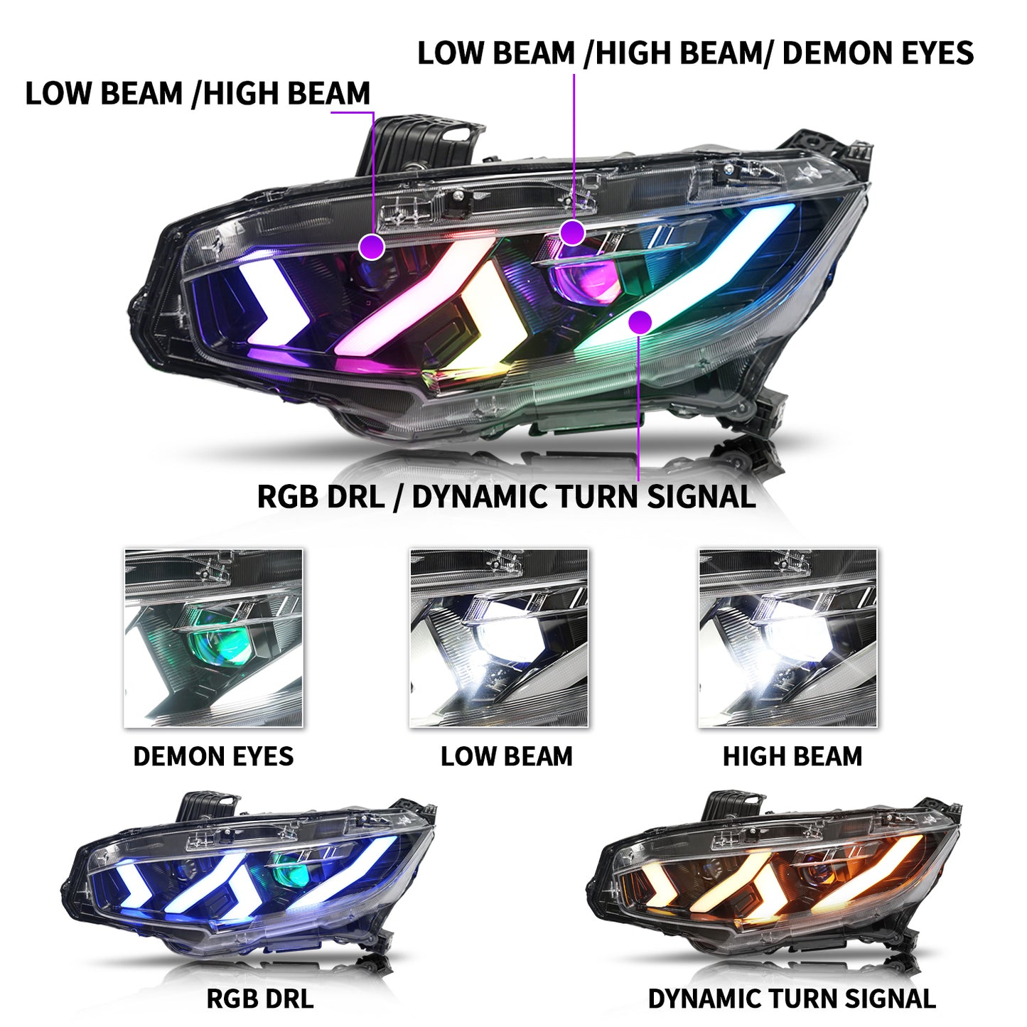 Full LED Headlights Assembly For 10th Gen Honda Civic 2016-2022,RGB DRL