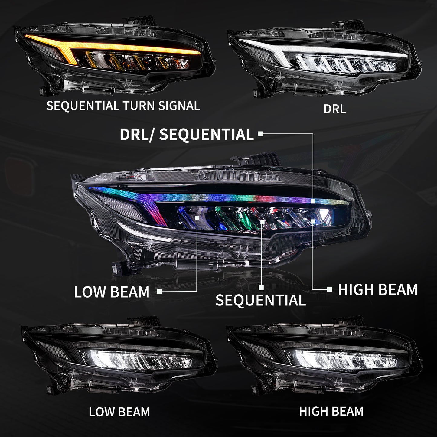 10세대 Honda Civic 2016-2021용 전체 LED 헤드라이트 어셈블리(미국에 판매되지 않음)