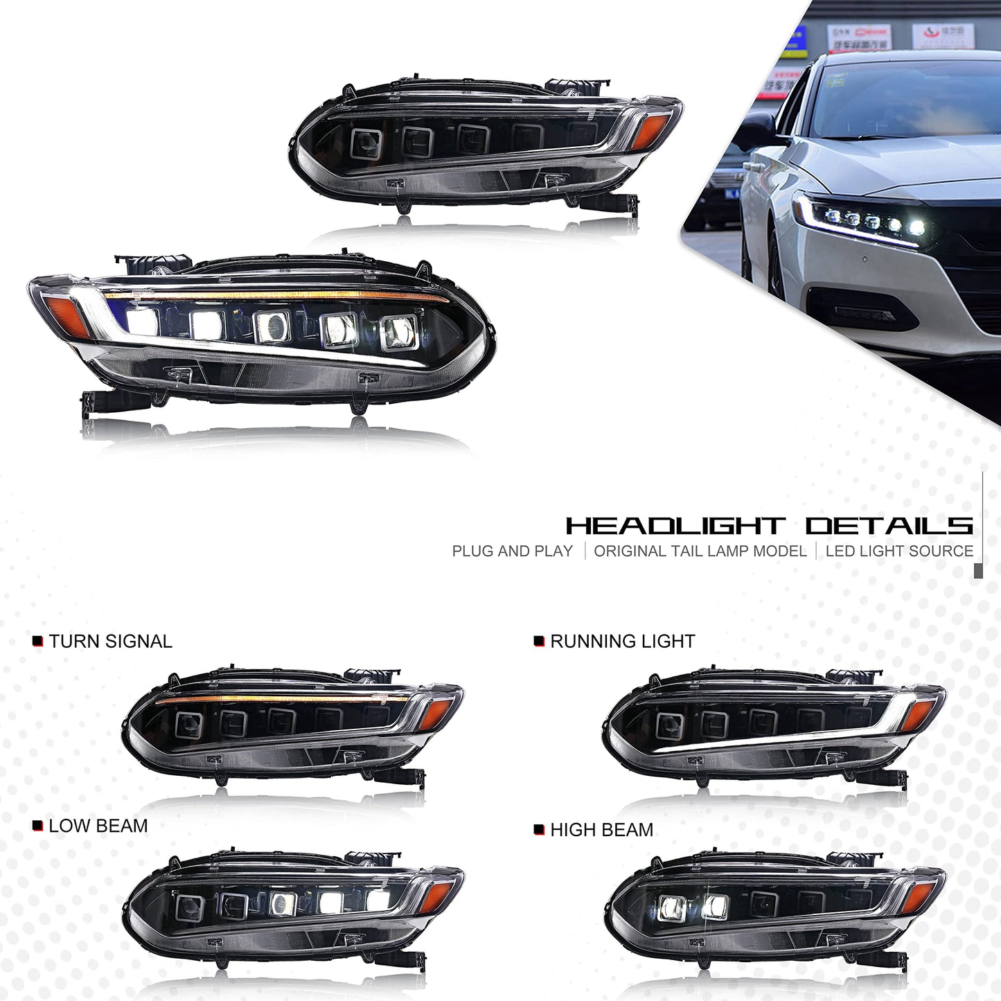 Full LED Headlights Assembly For 10th Gen Honda Accord 2018-2022