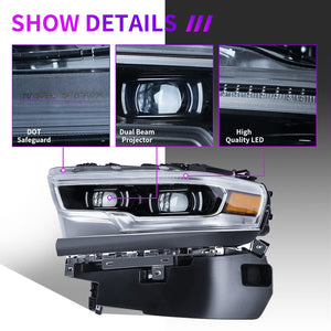 LED Projector Headlights Assembly For Dodge Ram 1500 2019-2022 (OE Style)