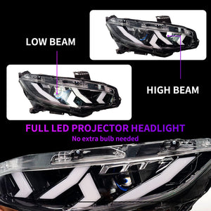 Full LED Headlights Assembly For 10th Gen Honda Civic 2016-2022